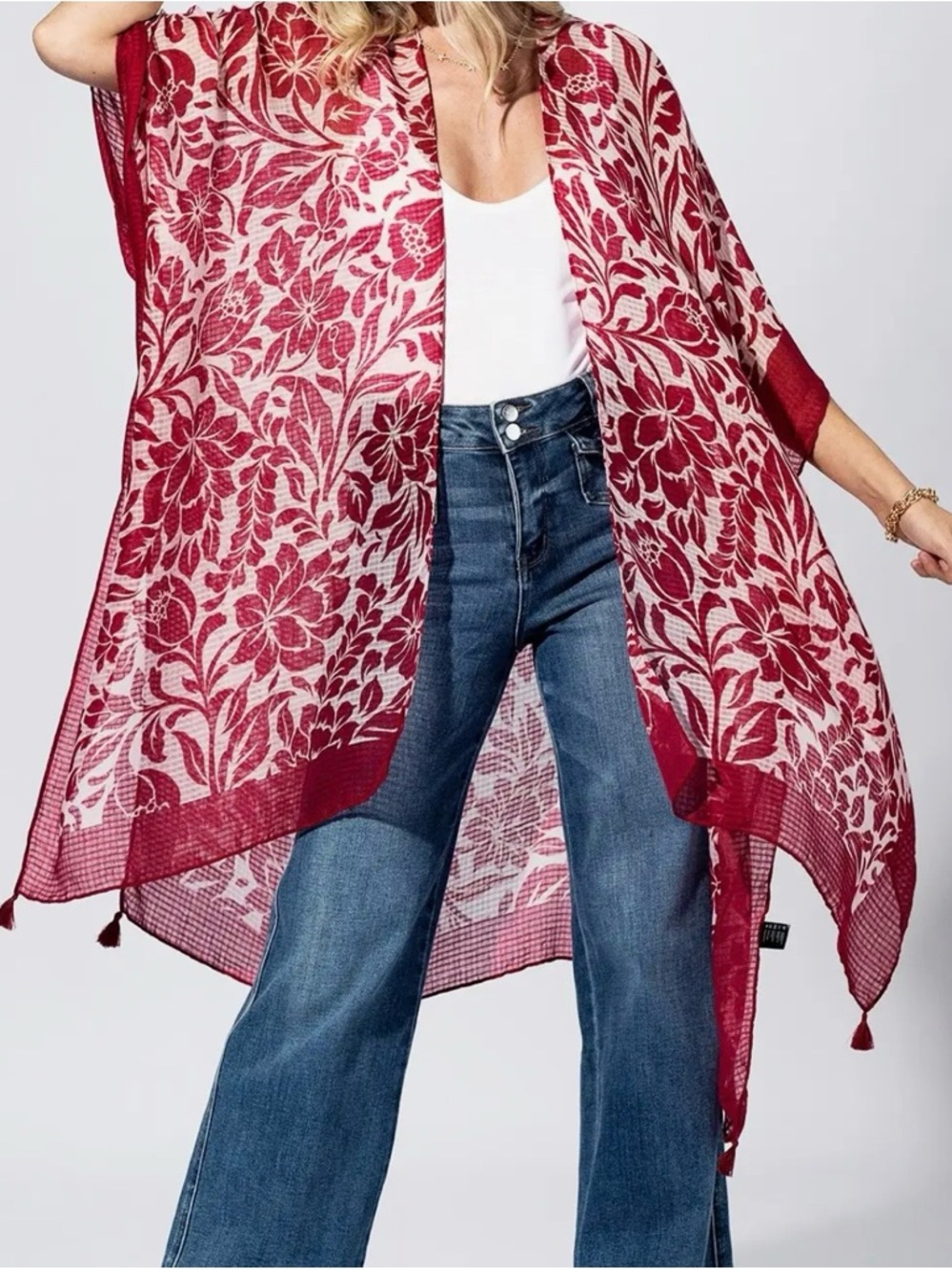 Red Floral Sheer Kimono Cover-Up